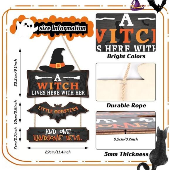 3Pcs Halloween Party Door Hanger Witch Themed Wall Hanging Sign Spooky Bat - Picture 3 of 8